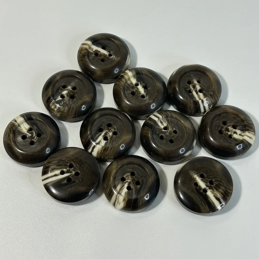 11pc Set Large 30mm Faux Horn Buttons Dark Brown Marbled Resin 4-Hole for Coats‎